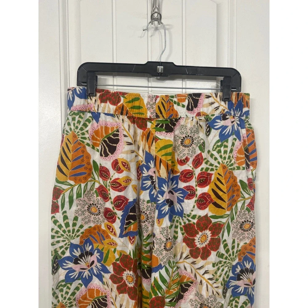C&C California Womens Large 100% Linen Wide Leg Tropical Floral Pants MultiColor